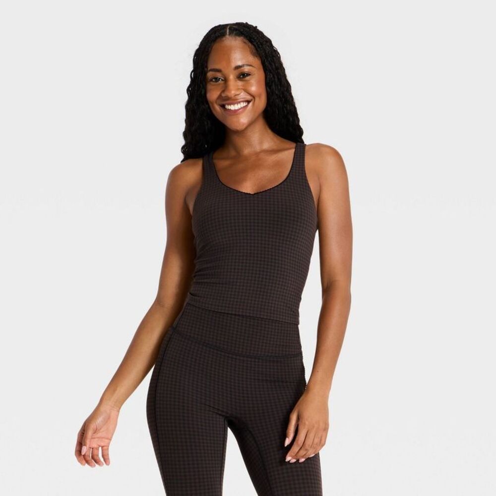 Women's Everyday Soft Printed V-Neck Tank Top - Black/Brown Gingham M